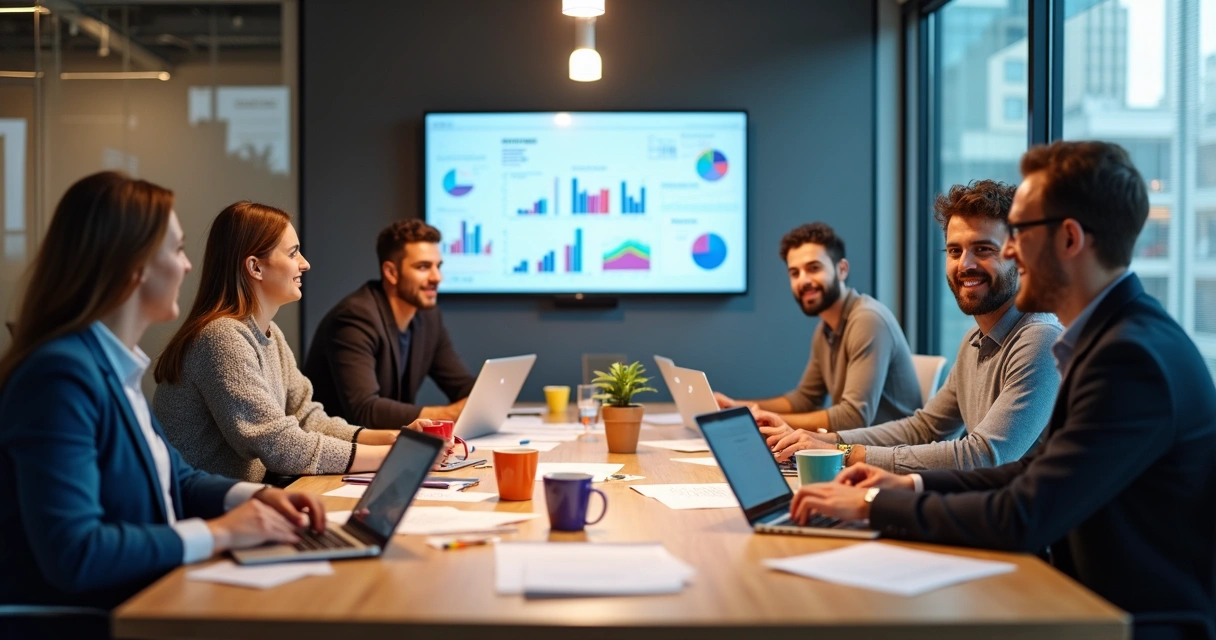 Time de marketing interagindo com pessoas em uma mesa repleta de notebooks, papéis e xícaras de café. 