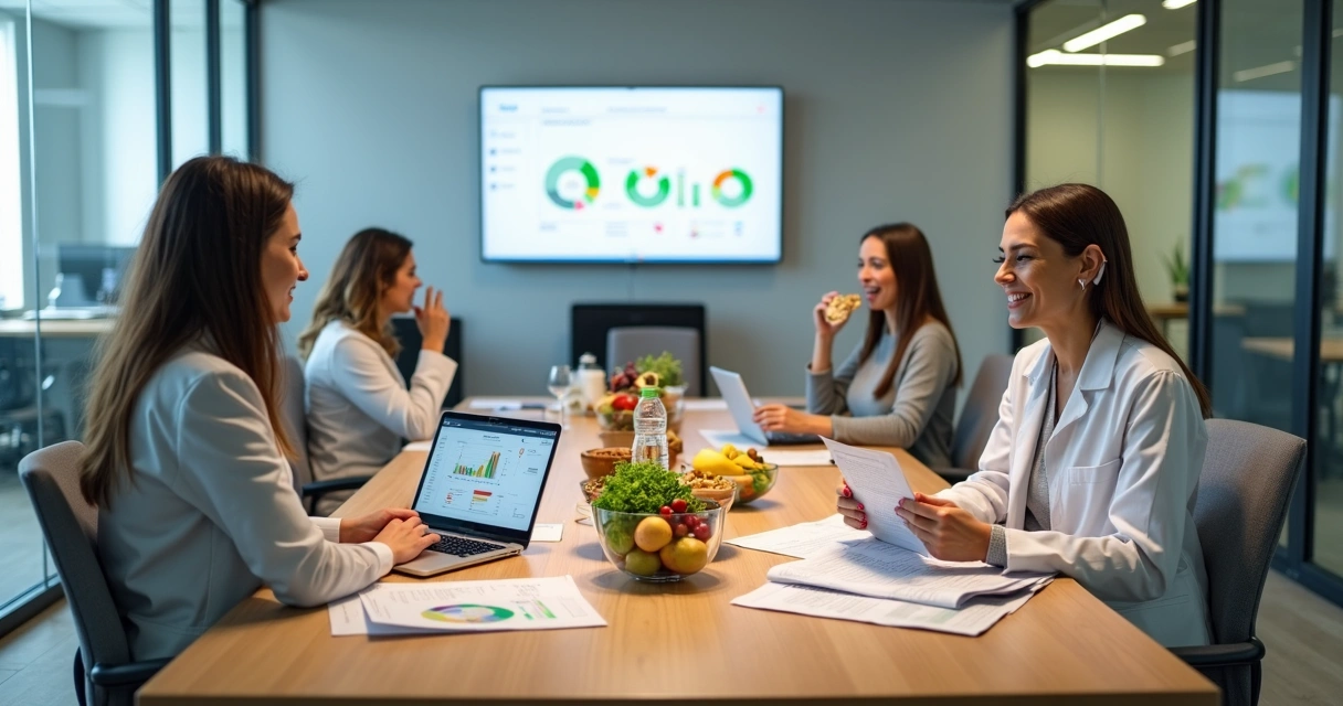 Mesa de reunião com empresária e nutricionista avaliando plano alimentar corporativo 