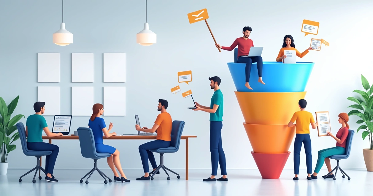 Representação de nutrição de leads em uma agência digital com pessoas recebendo conteúdo ao longo do funil. 