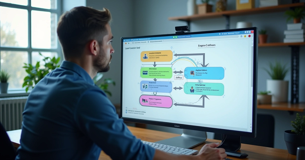 Fluxo automatizado de nutrição de leads sendo mostrado em monitor 