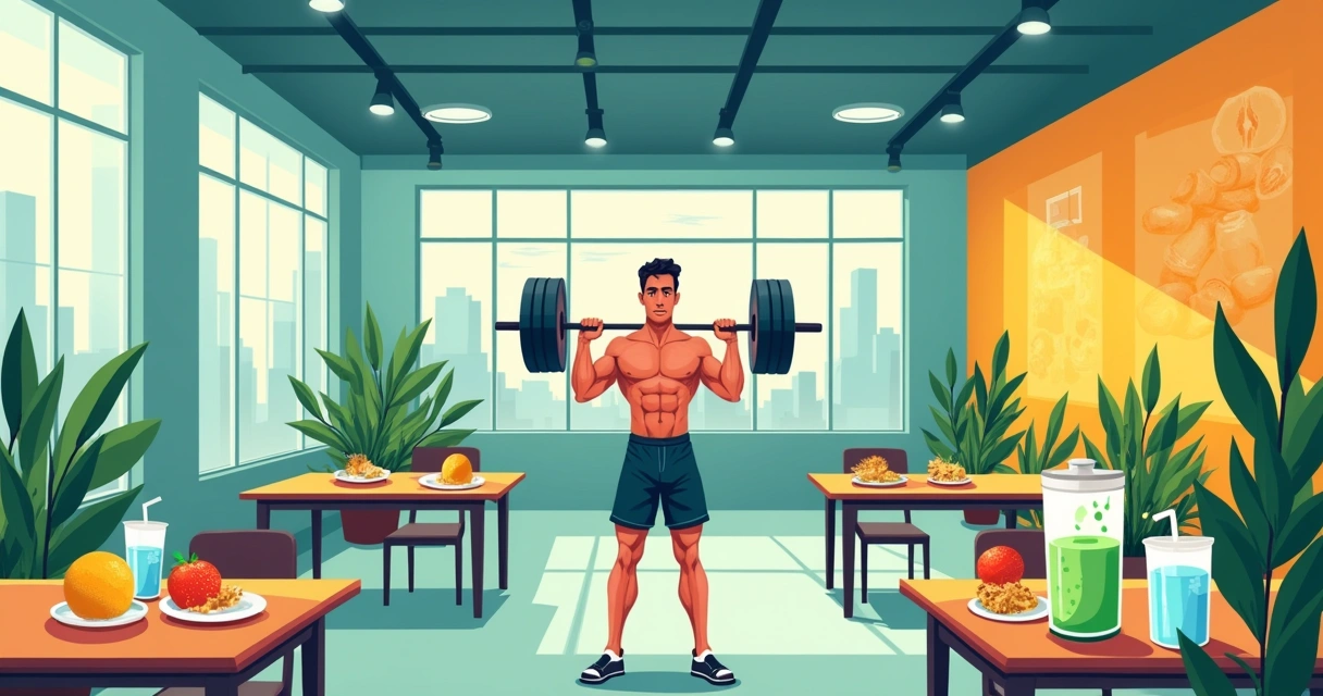 Atleta levantando pesos em uma academia moderna, com refeição saudável e garrafa de água ao fundo.