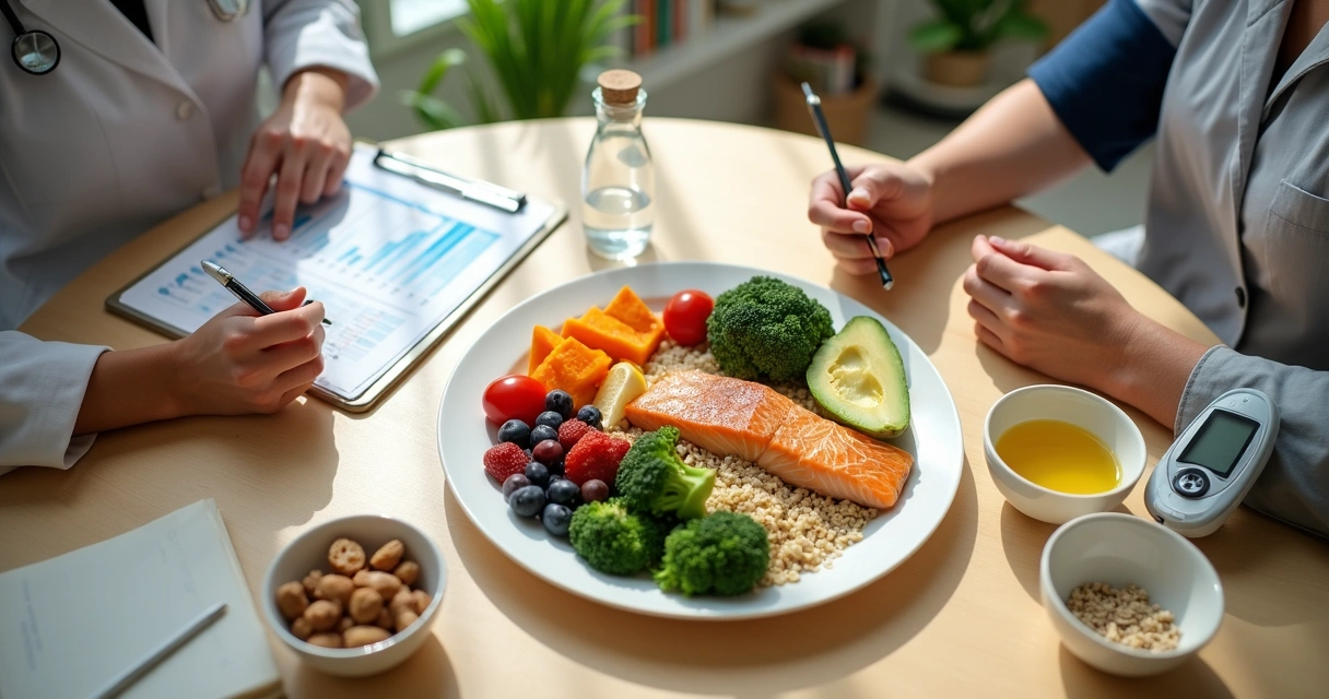 Profissional de saúde orienta paciente com doença crônica diante de prato saudável colorido 