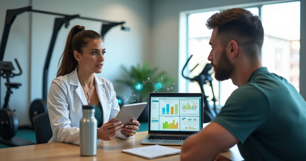 Nutricionista analisa dados esportivos em tablet ao lado de atleta em academia 