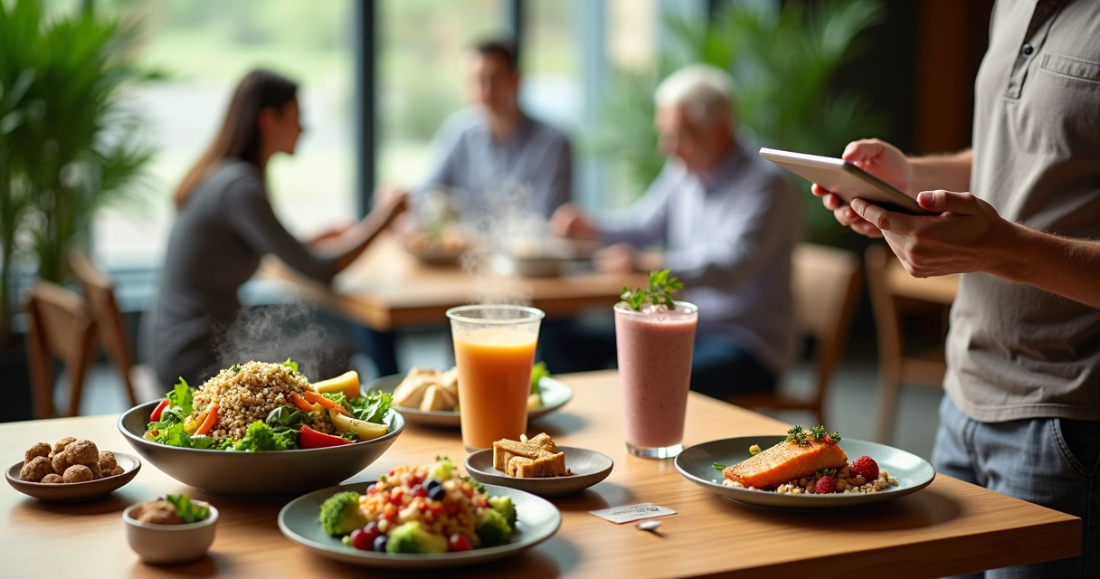 Mesa de restaurante com pratos funcionais coloridos e garçom usando tablet 