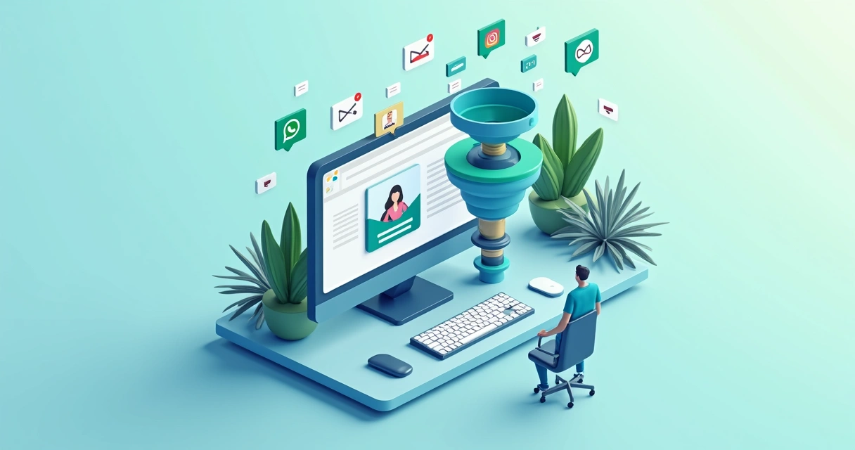 Painel ilustrando um funil de vendas automatizado com leads sendo segmentados para interações personalizadas. 