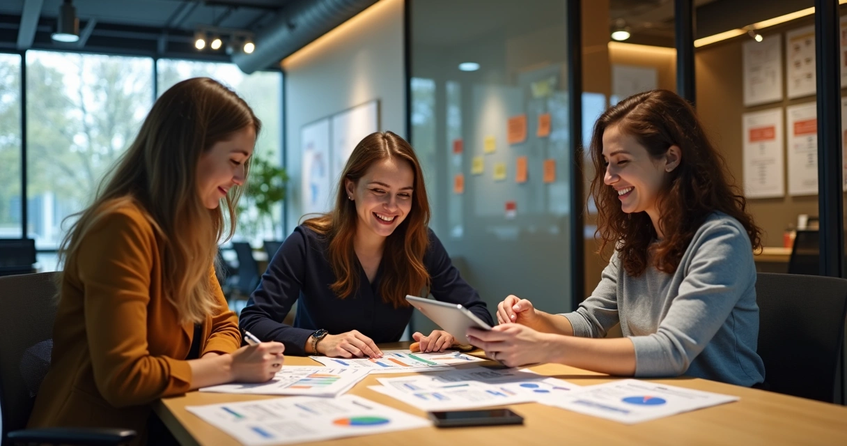 Colaboradores trocando ideias e conteúdo para nutrição de leads 