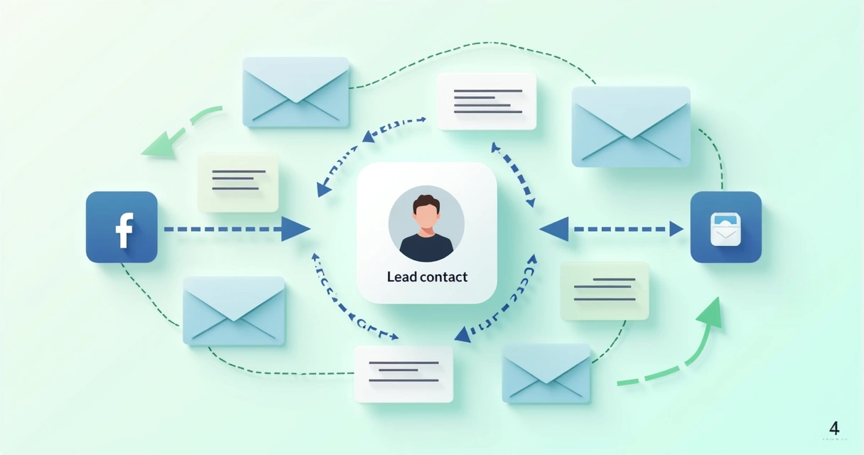 Ilustração de canais de nutrição de leads como e-mail, mídias sociais e webinars.