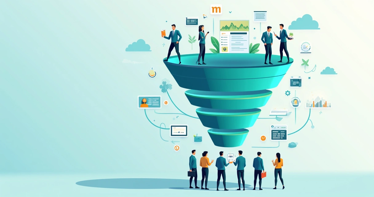 Gráfico digital mostrando etapas do funil de vendas com conteúdos educativos 