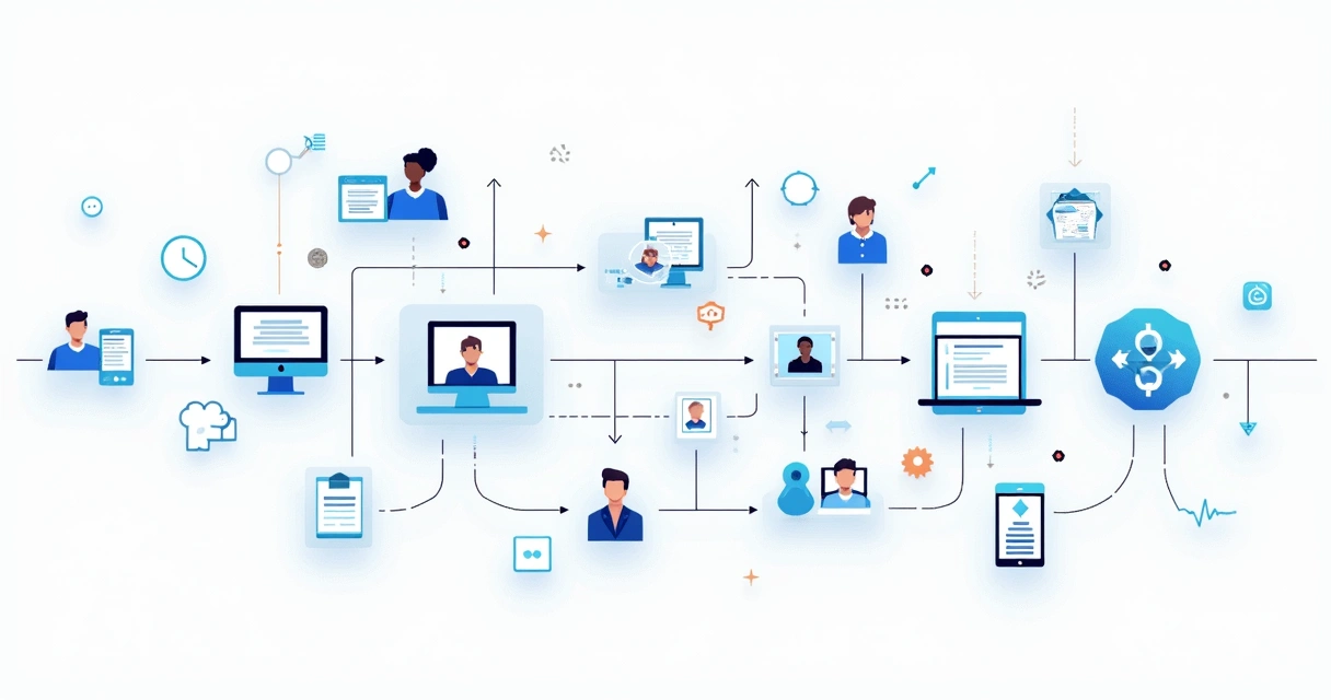 Representação visual de uma sequência de nutrição de leads digital, com fluxos de mensagens, balões de texto e dados conectando pessoas 