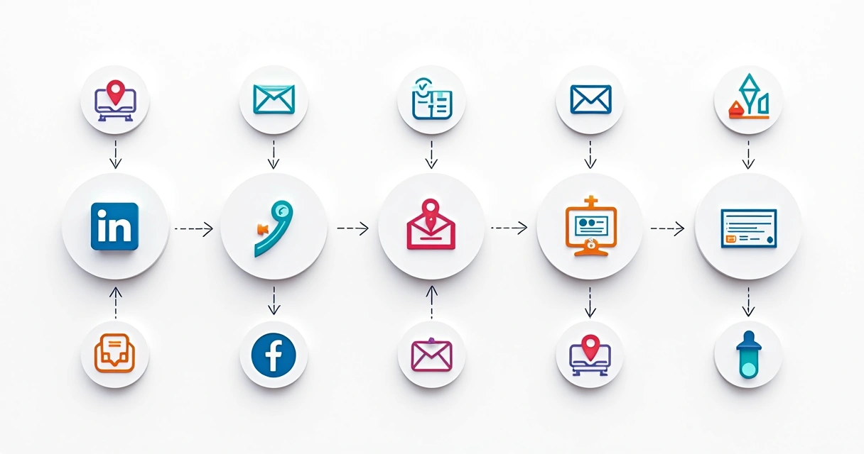 Diagrama de nutrição de leads com setas e etapas de vendas 