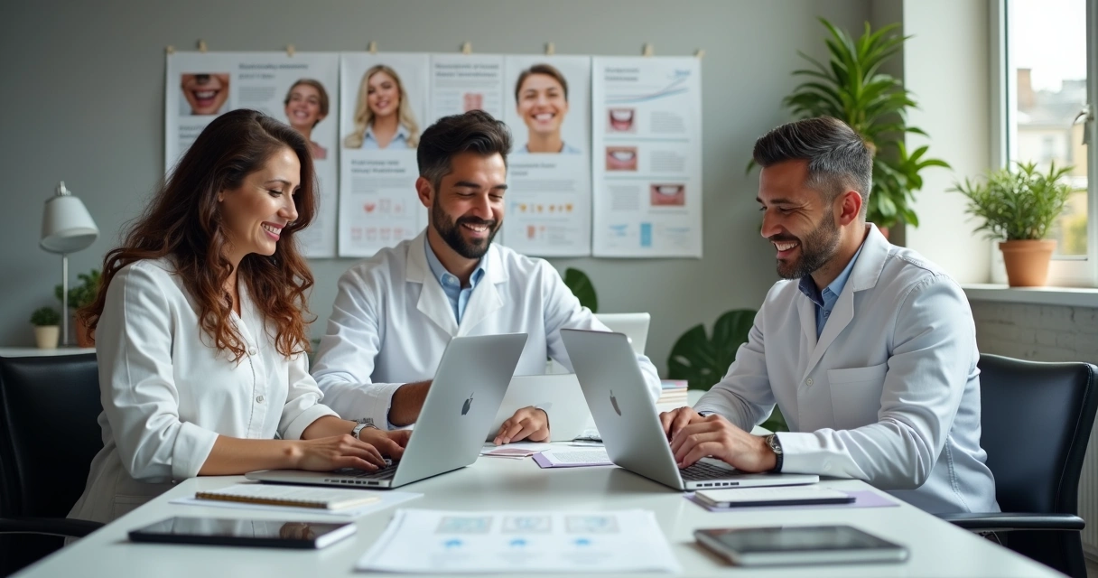 Equipe clínica alimentando funil digital com conteúdo educativo 