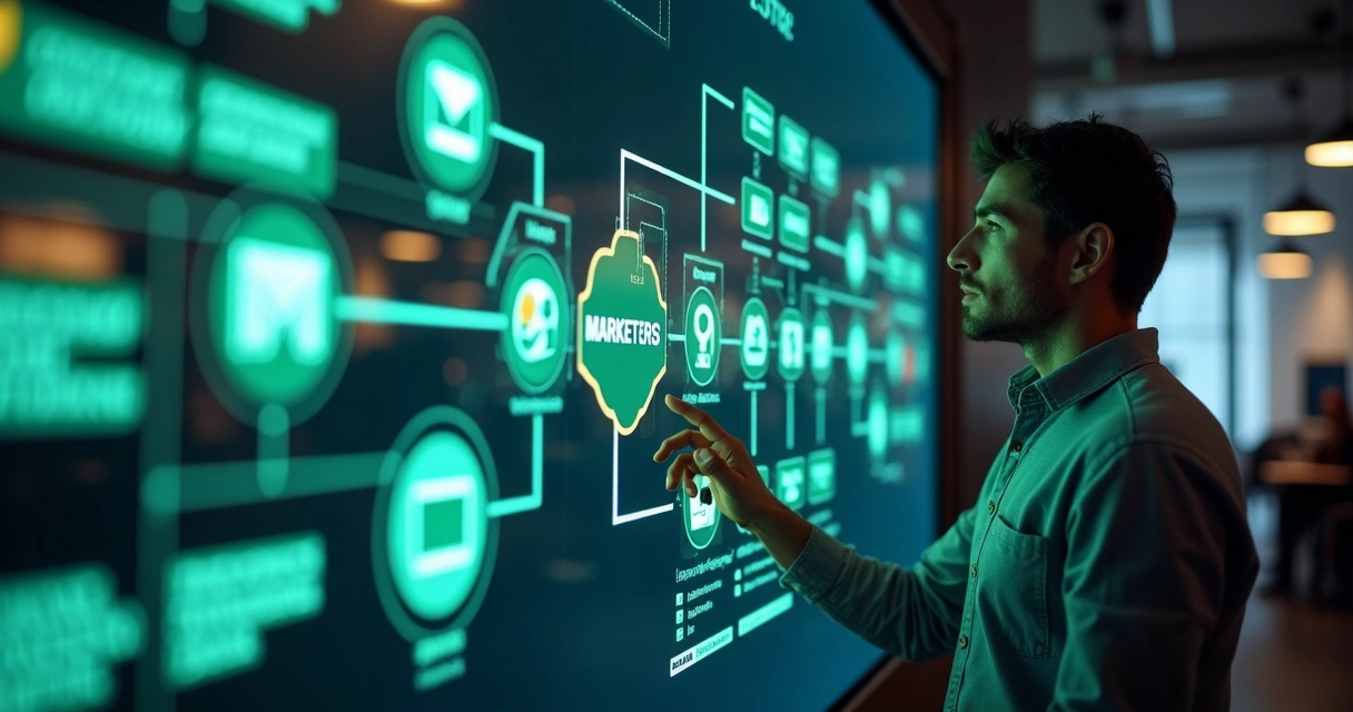 Fluxo de nutrição de leads em uma tela digital interativa 