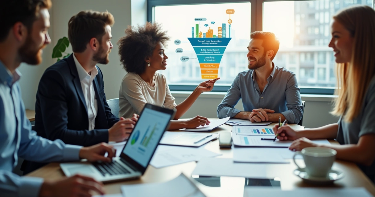 Equipe reunida em roda discutindo estratégias no meio do funil