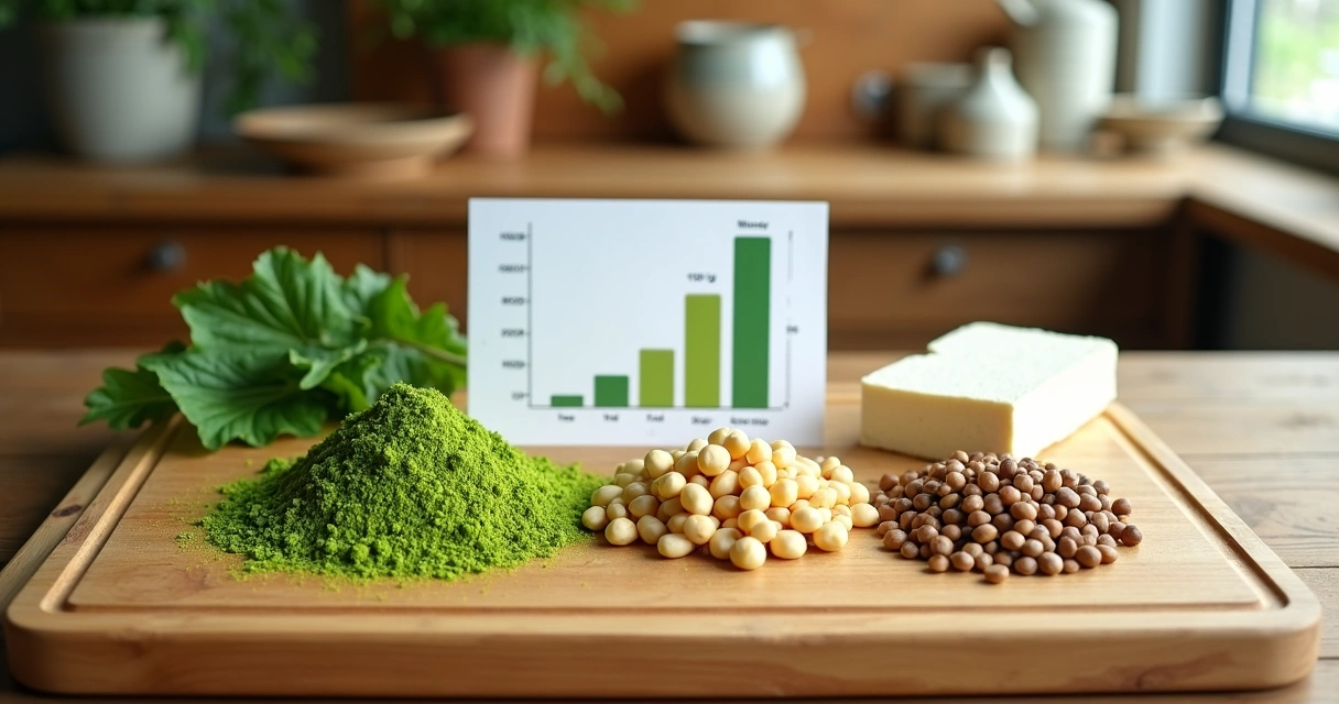 Tabela comparando proteína vegetal da moringa com outros alimentos em bancada rústica 