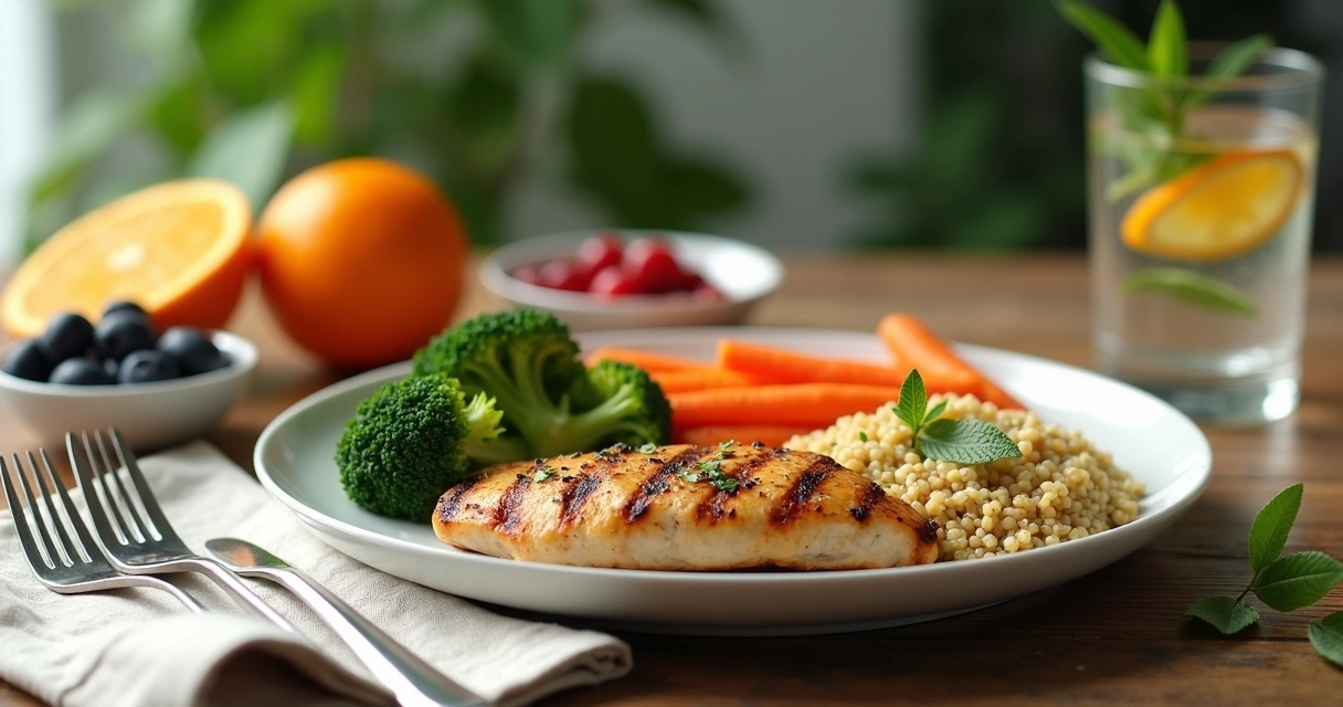 Refeição equilibrada e colorida com legumes, frutas, grãos integrais e proteínas para paciente com câncer 