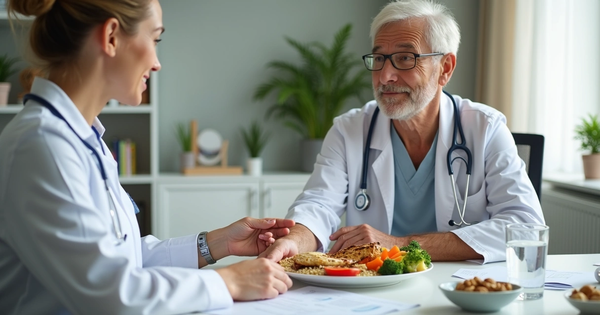 Paciente oncológico recebendo orientação nutricional com prato colorido e saudável 
