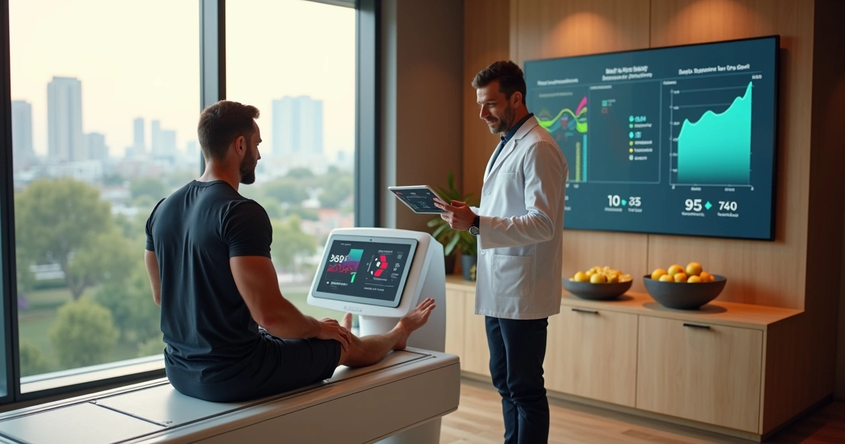 Homem em avaliação nutricional com médico observando gráficos de composição corporal 