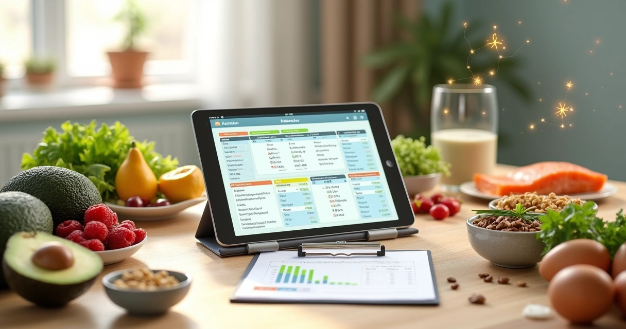 Tabela nutricional personalizada ao lado de alimentos frescos e ícones de hormônios 