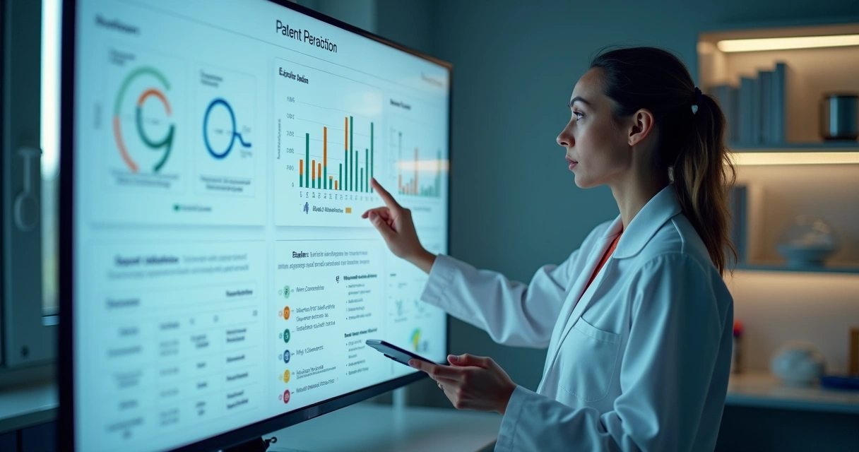 Nutricionista analisando dados digitais em um painel clínico