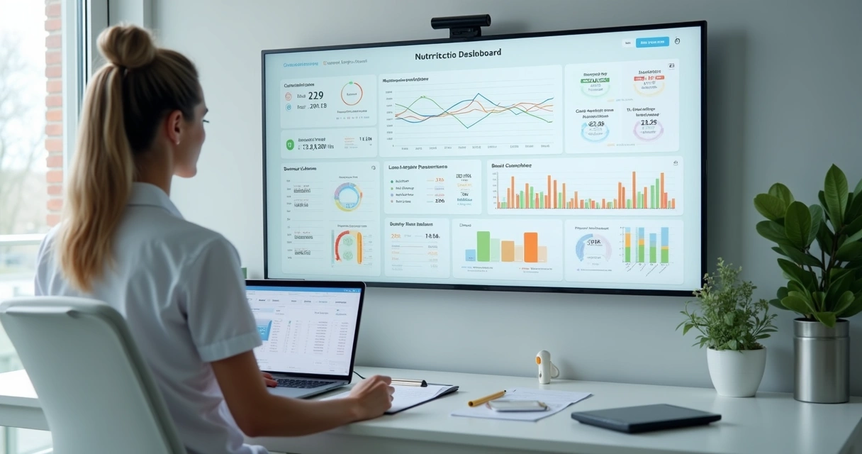 Nutricionista analisando painel digital de emagrecimento com gráficos de evolução corporal 