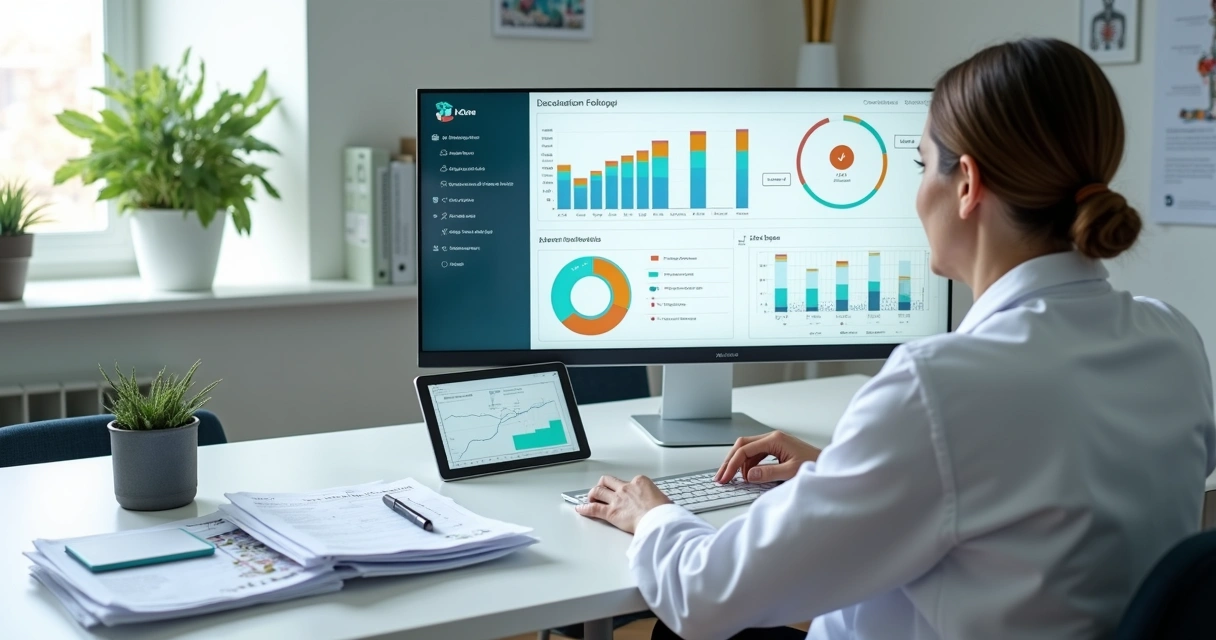 Nutricionista analisa painel digital avançado comparando acompanhamento inteligente e formulários em papel 