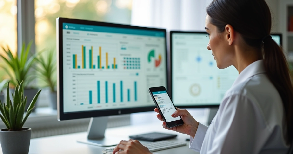 Nutricionista analisando painel de acompanhamento digital 