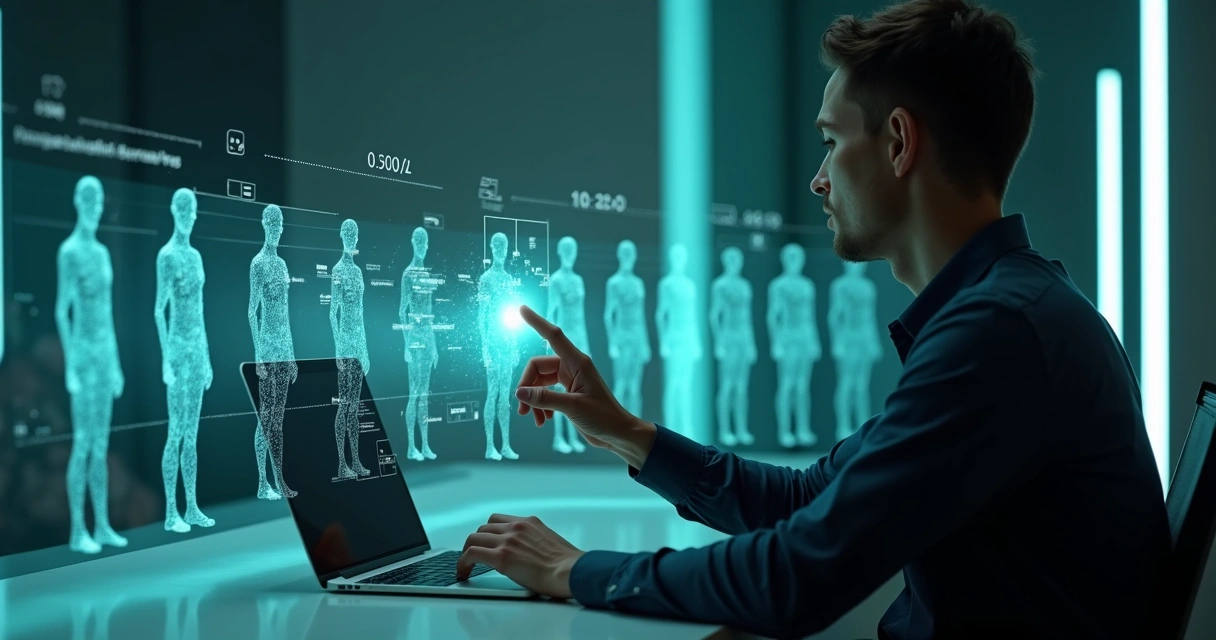 Nutricionista toca holograma personalizado entre várias silhuetas de pacientes 