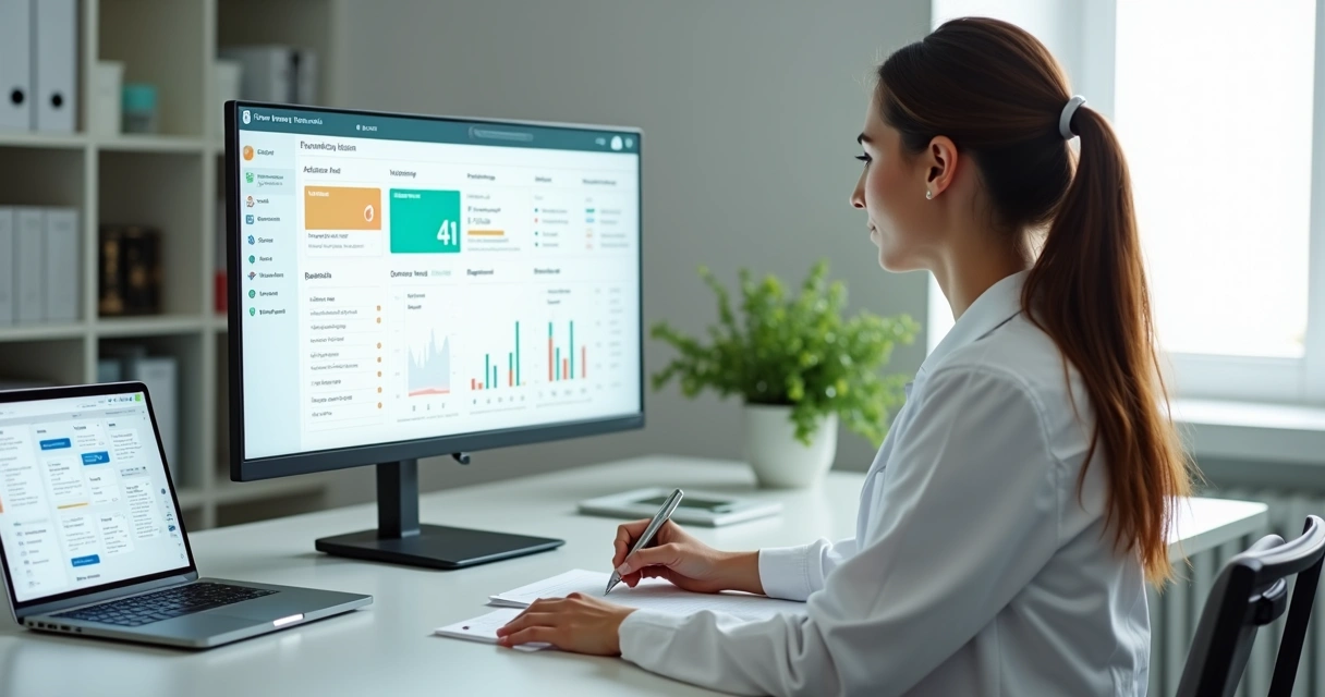 Nutricionista analisando painel digital com dados de acompanhamento clínico 