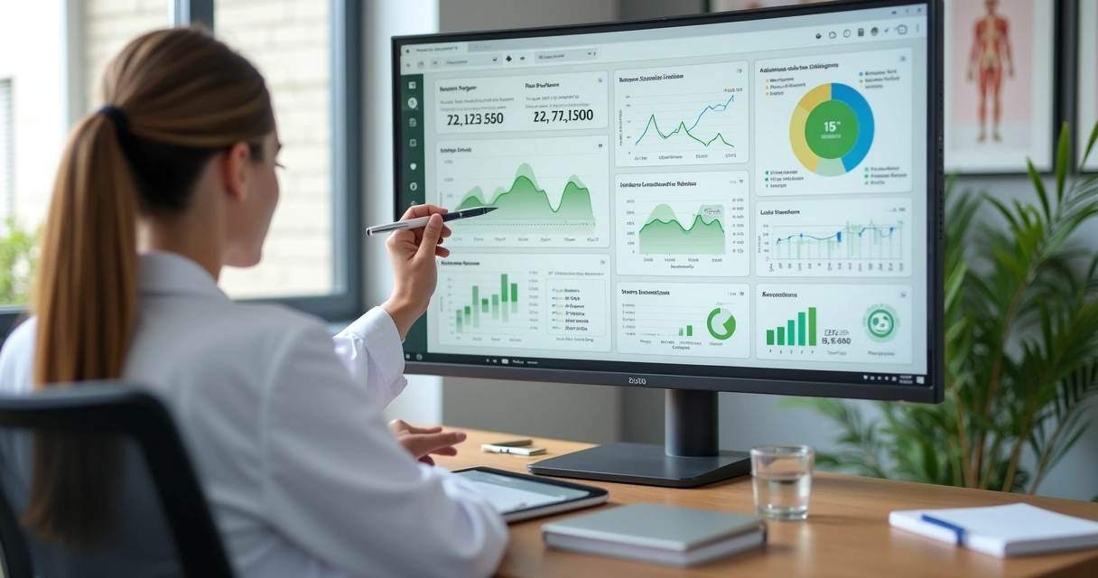 Nutricionista analisando painel de dados clínicos ao lado de paciente em consulta 