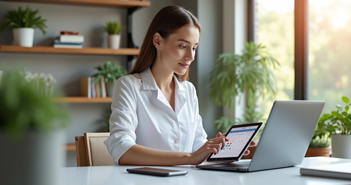 Nutricionista usando tablet para agendar consulta online em ambiente moderno de consultório 