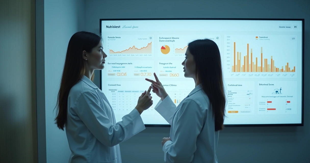Nutricionista analisando dados clínicos digitais em tela 
