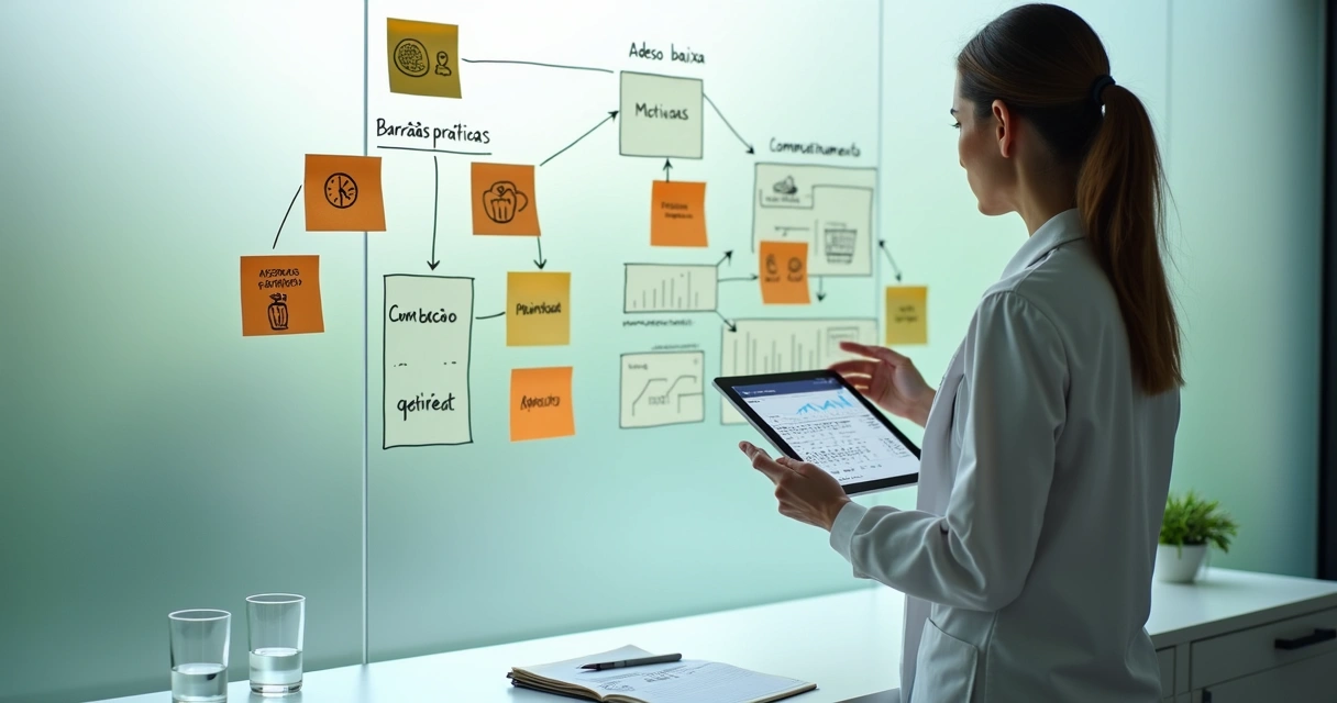 Nutricionista analisa mural com causas de baixa adesão do paciente 