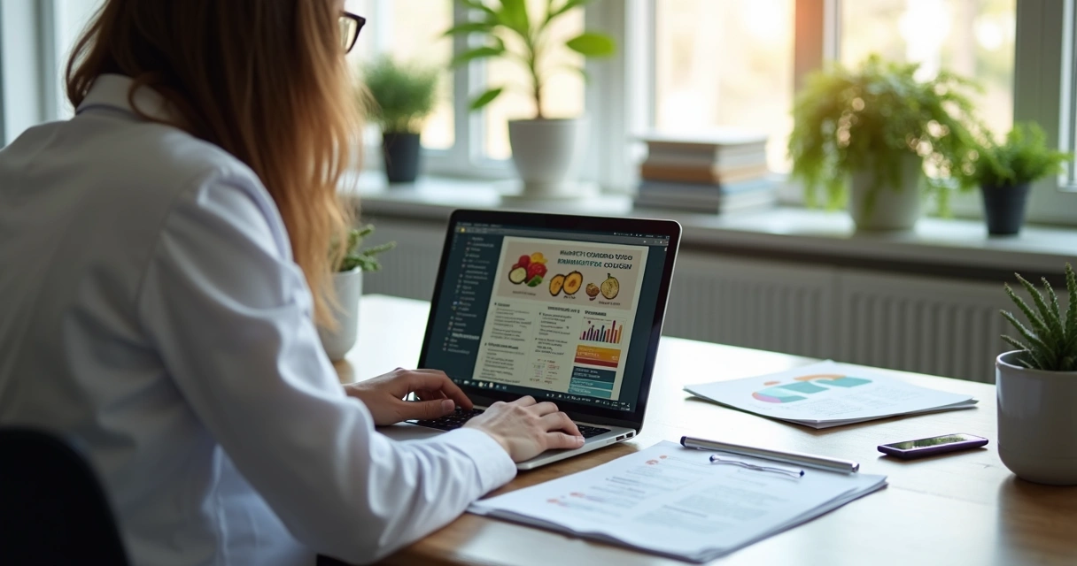 Nutricionista avaliando opções de cursos em laptop, com anotações e gráficos ao redor 