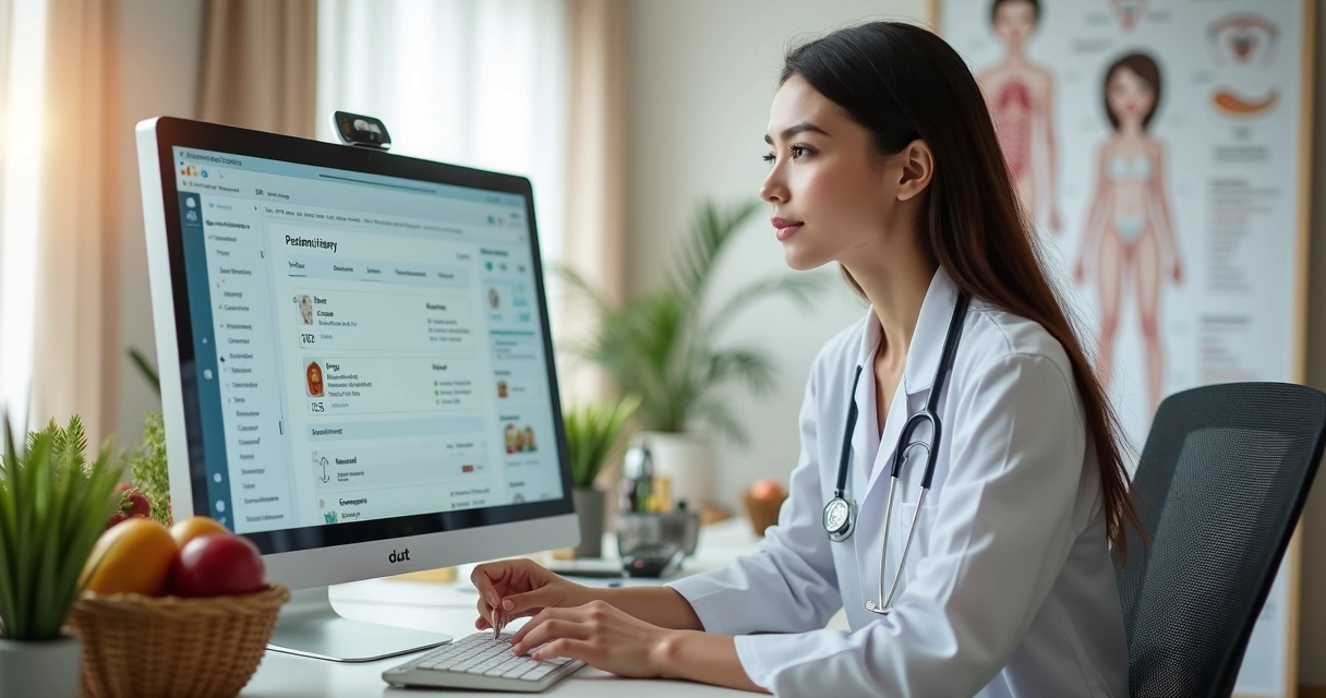 Nutricionista olhando para tela de computador com gráficos e histórico de paciente