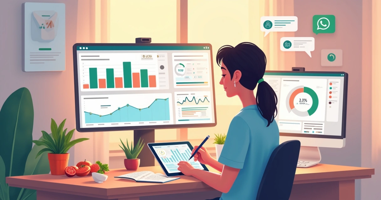 Nutricionista analisando dados de pacientes em telas digitais 