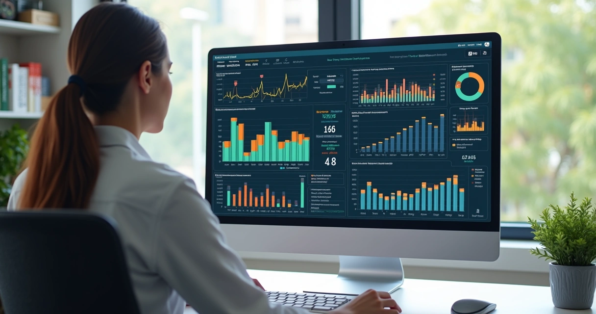 Nutricionista usando computador para analisar dados de pacientes com gráficos e relatórios na tela 