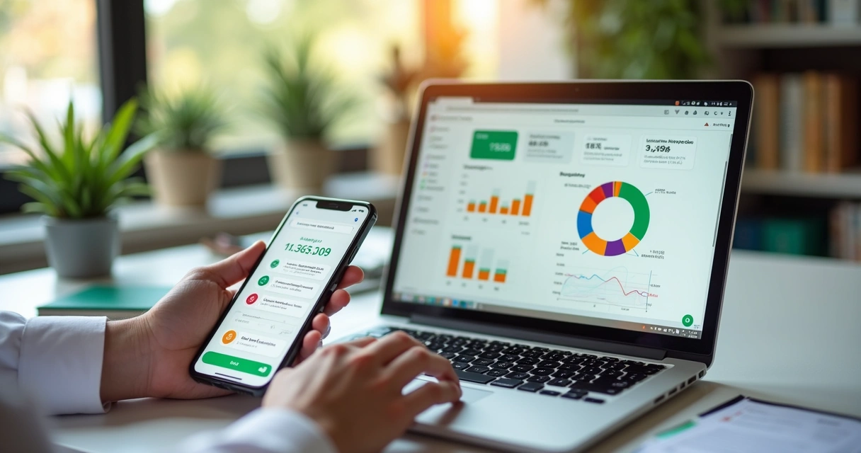 Nutricionista analisando gráficos e dados em laptop com telefone mostrando chat de WhatsApp 