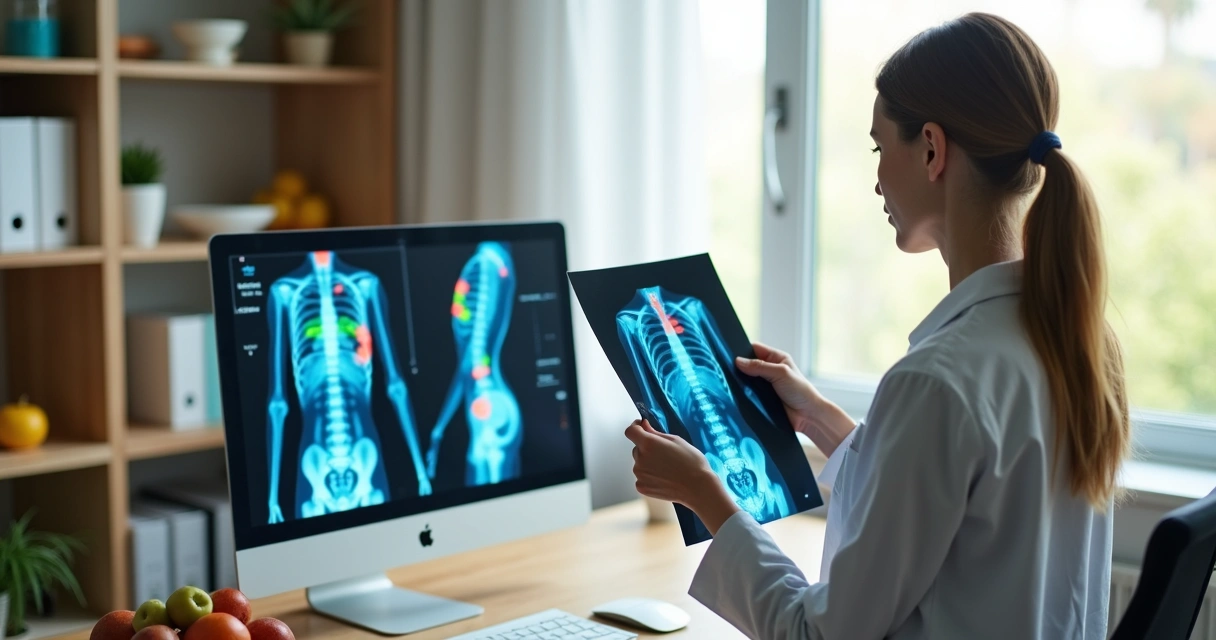 Nutricionista analisando radiografia ao lado de computador com gráficos de saúde