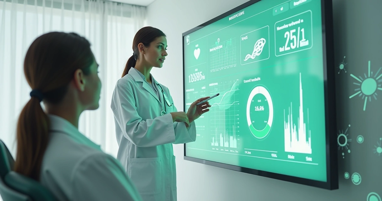 Nutricionista analisa dados em tela digital ao lado de paciente 