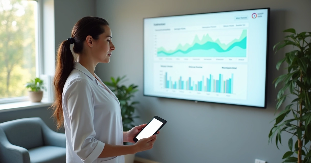 Nutricionista avalia dados de evolução em painel digital moderno