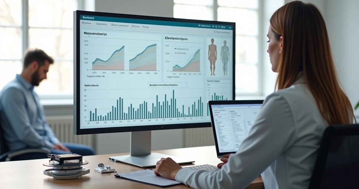 Nutricionista analisando gráficos de dados antropométricos em tela grande 