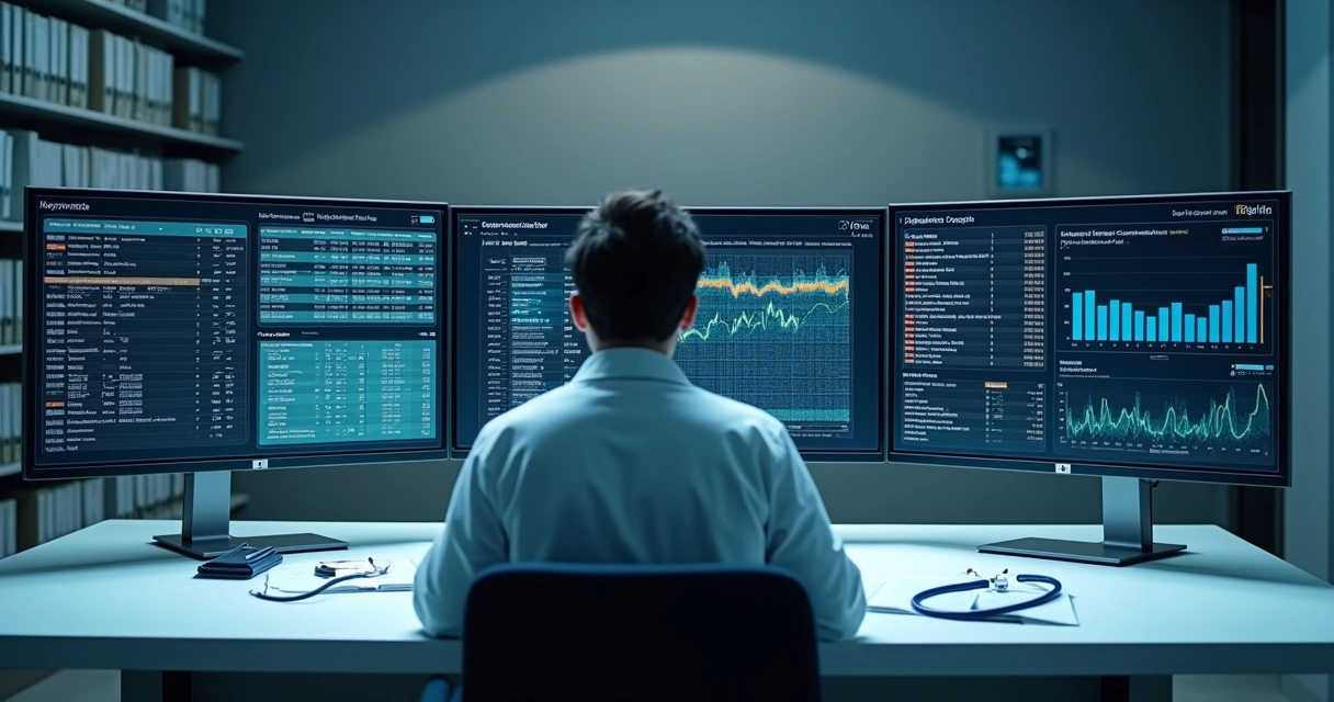 Nutricionista analisando grandes volumes de dados clínicos em múltiplos monitores 