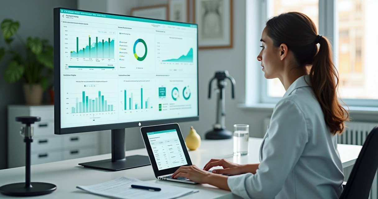 Nutricionista analisando painel digital com dados clínicos e gráficos de evolução do paciente 