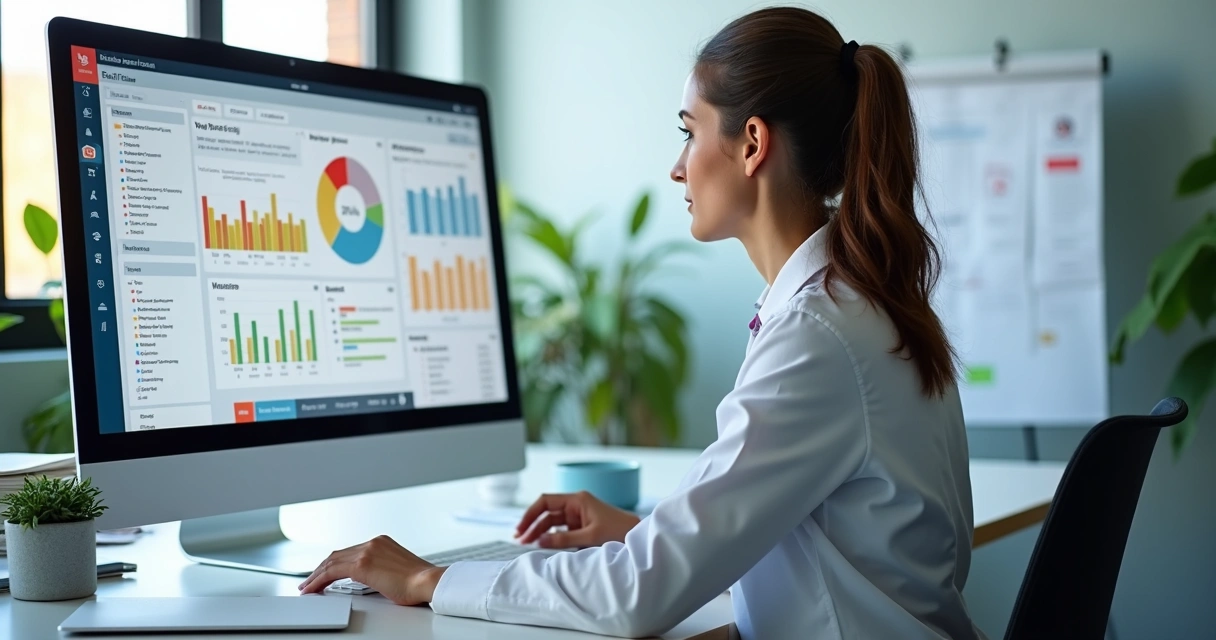 Nutricionista analisa dados de paciente em tela de computador com gráficos e relatórios