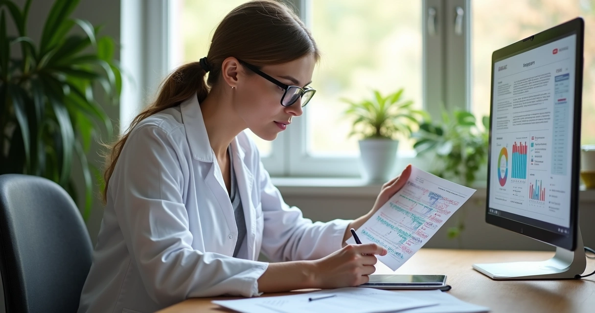 Nutricionista analisando exame genético com gráficos e laudos na mesa