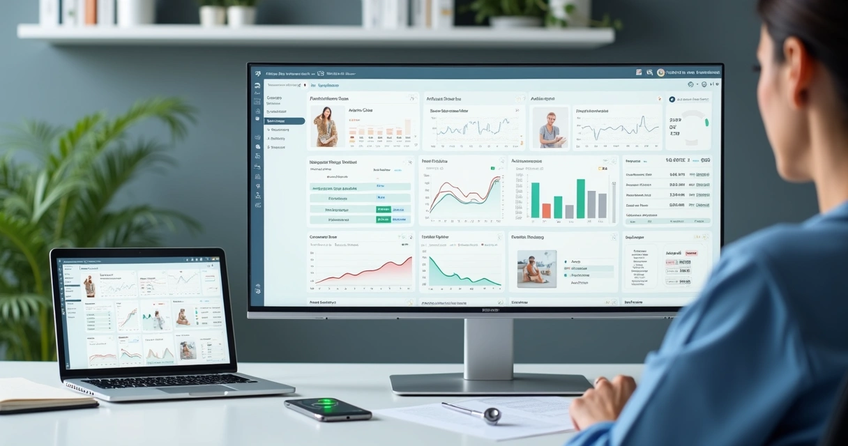 Nutricionista analisando painel digital com dados de múltiplos pacientes na tela 