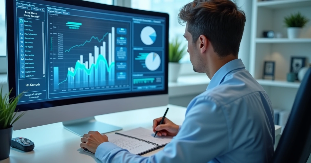 Nutricionista analisando dados clínicos em tela digital junto a anotações em caderno. 