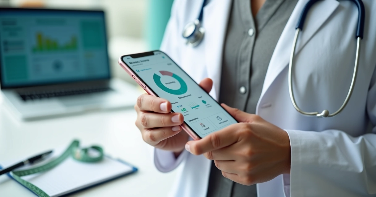 Nutricionista segurando celular com aplicativo de paciente personalizado na tela 