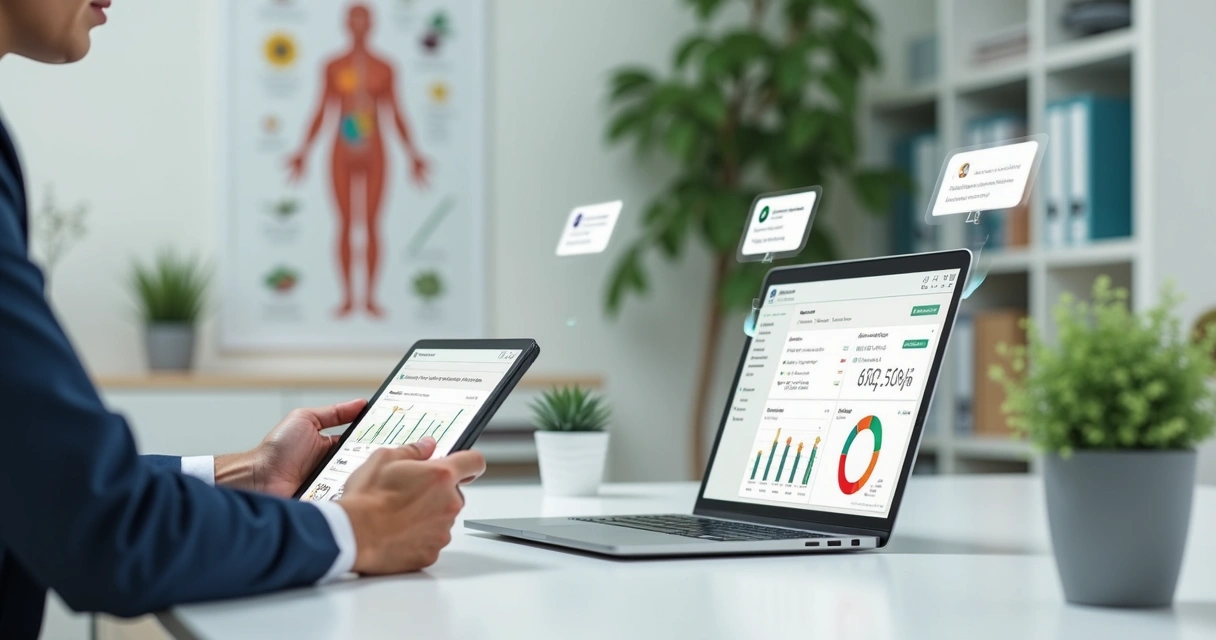 Nutricionista analisando painel de aplicativo de nutrição com dados clínicos e gráficos em tablet 