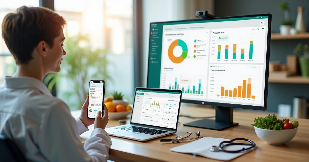 Nutricionista analisando dados de aplicativos de acompanhamento em um tablet 